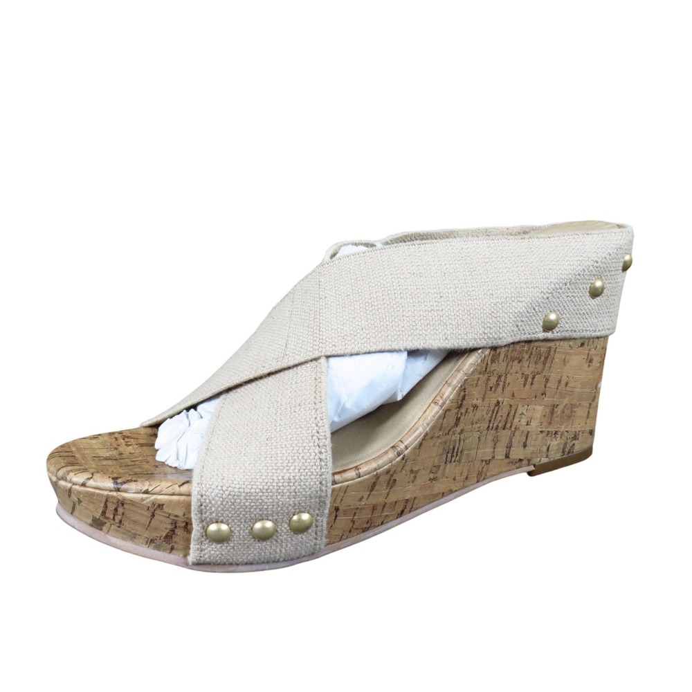 BP. Women Wedge Sandals Size‎ 8M Casual Platform Slide Beige Fabric Cork Heel